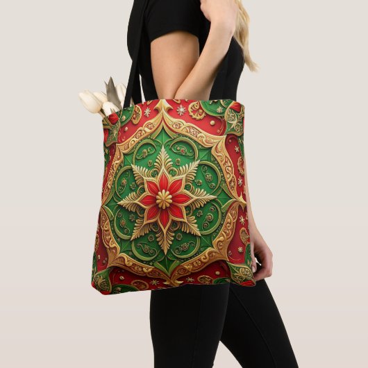 Red Green Decorative Christmas Holiday Tote Bag トートバッグ (クローズアップ)