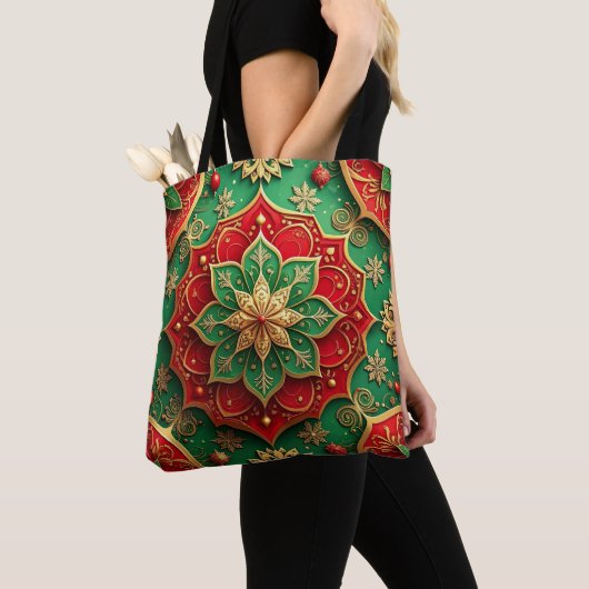 Red Green Decorative Christmas Holiday Tote Bag トートバッグ (クローズアップ)