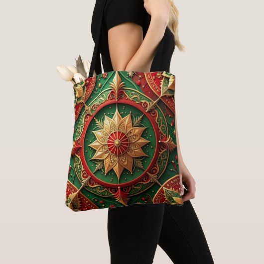 Red Green Decorative Christmas Holiday Tote Bag トートバッグ (クローズアップ)