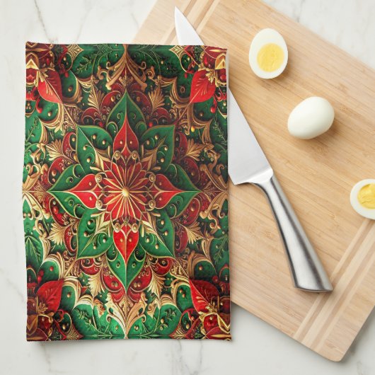 Red Green Decorative Holiday Kitchen Towel キッチンタオル (四つ折り)