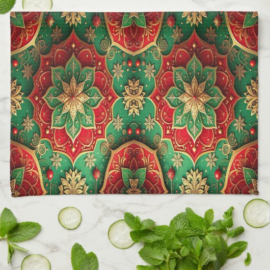 Red Green Decorative Holiday Kitchen Towel キッチンタオル (折り畳み)