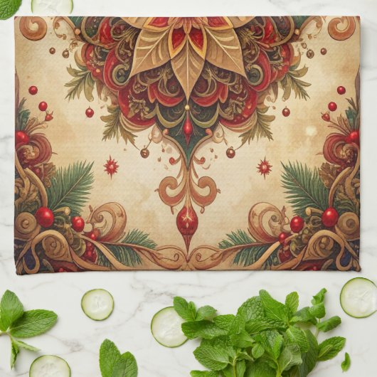 Red Green Decorative Holiday Kitchen Towel キッチンタオル (折り畳み)