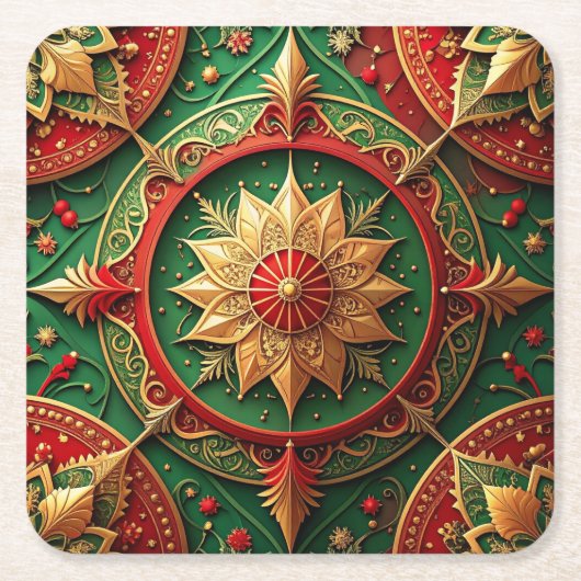 Red Green Decorative Holiday Paper Coaster スクエアペーパーコースター (正面)