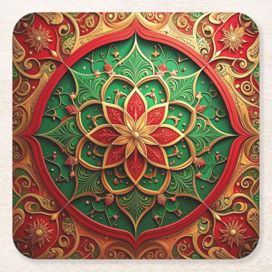 Red Green Decorative Holiday Paper Coaster スクエアペーパーコースター (正面)