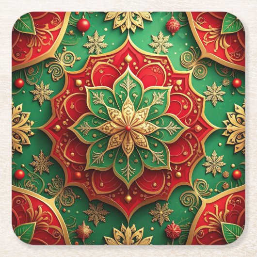 Red Green Decorative Holiday Paper Coaster スクエアペーパーコースター (正面)