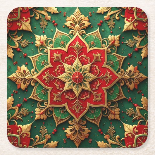 Red Green Decorative Holiday Paper Coaster スクエアペーパーコースター (正面)