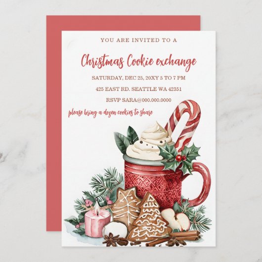 Red Green Festive Cookie Exchange Christmas Party 招待状 (正面/裏面)