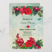 Red Green Flowers Bird Retro baby shower 招待状 (正面/裏面)