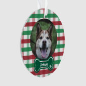 Red Green Gingham Plaid Bone Tag Dog Photo オーナメント (正面)