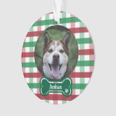 Red Green Gingham Plaid Bone Tag Dog Photo オーナメント (正面)