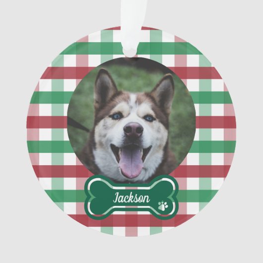 Red Green Gingham Plaid Bone Tag Dog Photo オーナメント (正面)