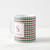 Red & Green Gingham Plaid Monogram Name コーヒーマグカップ (正面左)