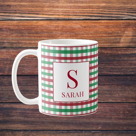 Red & Green Gingham Plaid Monogram Name コーヒーマグカップ