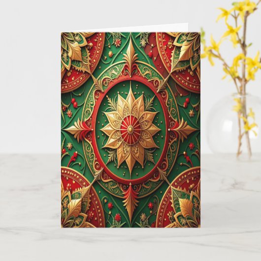 Red Green Gold Decorative Holiday Card カード (黄色い花)