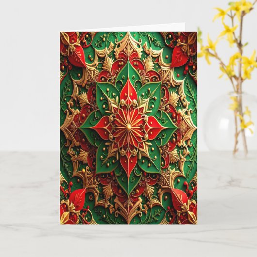 Red Green Gold Decorative Holiday Card カード (黄色い花)