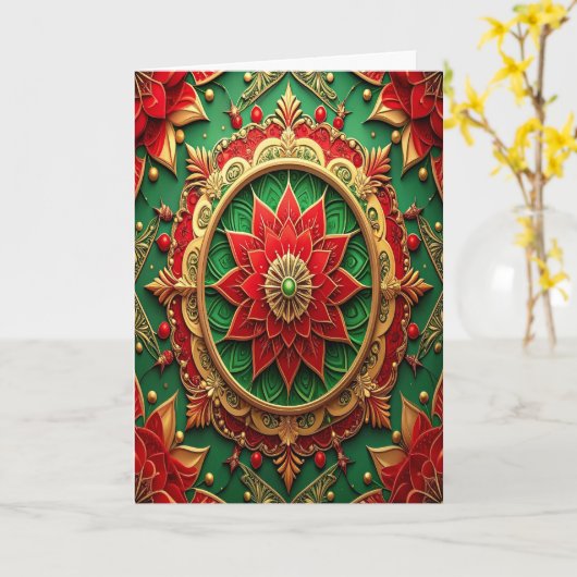 Red Green Gold Decorative Holiday Card カード (黄色い花)