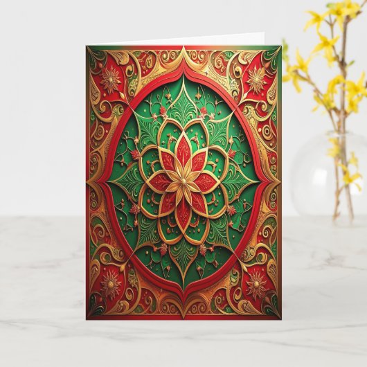 Red Green Gold Decorative Holiday Card カード (黄色い花)