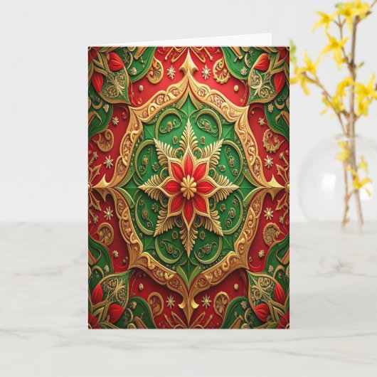 Red Green Gold Decorative Holiday Card カード (黄色い花)