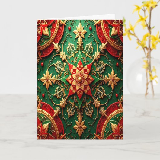 Red Green Gold Decorative Holiday Card カード (黄色い花)
