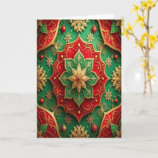 Red Green Gold Decorative Holiday Card カード (黄色い花)