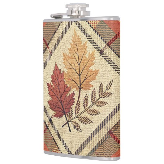 RED GREEN GOLD FALL PLAID PATTERNS WITH LEAVES フラスク (左)
