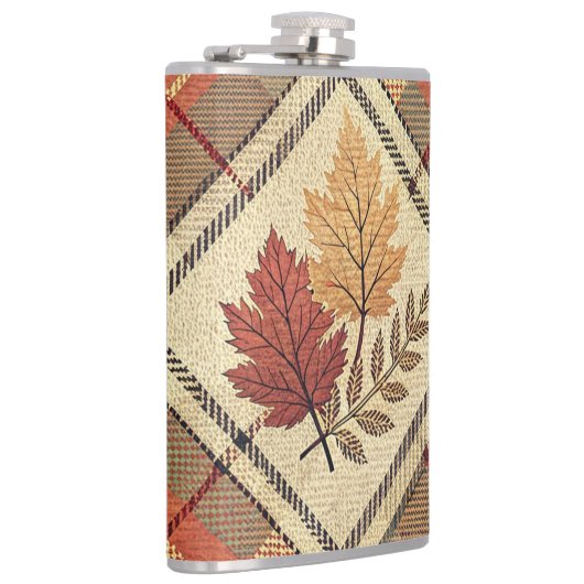 RED GREEN GOLD FALL PLAID PATTERNS WITH LEAVES フラスク (右)