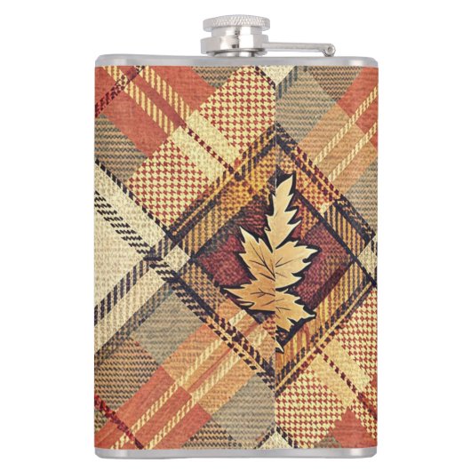 RED GREEN GOLD FALL PLAID PATTERNS WITH LEAVES フラスク (裏面)