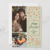 Red Green Hand Drawn Icons Happy Holidays 2 Photo シーズンカード (正面)