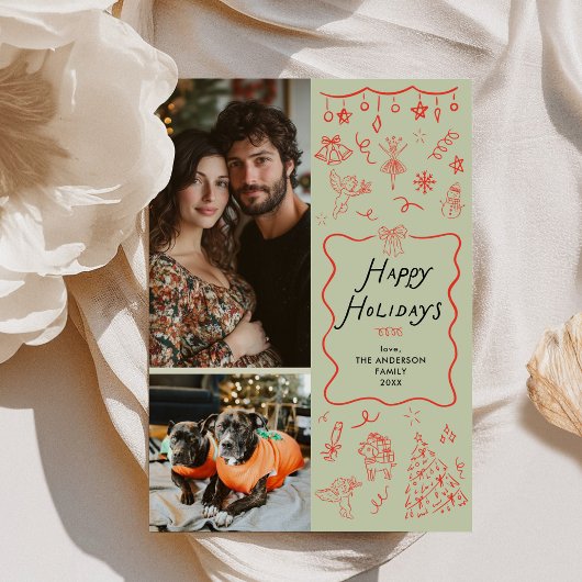 Red Green Hand Drawn Icons Happy Holidays 2 Photo シーズンカード