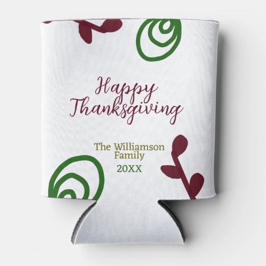 Red green happy Thanksgiving floral leaf fall 缶クーラー (正面)