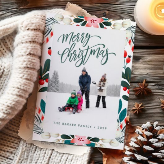 Red Green Holiday Florals Photo Christmas Card シーズンカード