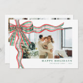 Red Green Holiday Plaid Bow Photo Christmas Card シーズンカード (正面/裏面)