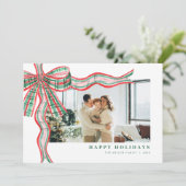 Red Green Holiday Plaid Bow Photo Christmas Card シーズンカード (スタンド正面)
