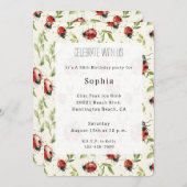 Red Green Leaves Ladybugs Birthday 招待状 (正面/裏面)