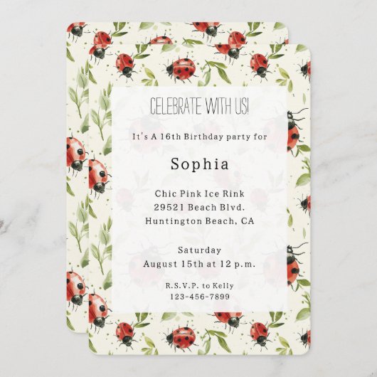 Red Green Leaves Ladybugs Birthday 招待状 (正面/裏面)