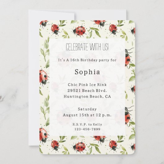 Red Green Leaves Ladybugs Birthday 招待状 (正面)