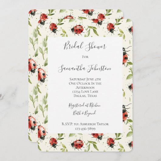 Red Green Leaves Ladybugs Bridal Shower 招待状 (正面/裏面)