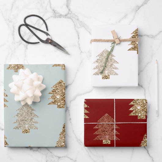 Red Green Mint Gold Glitter Glam Christmas Trees ラッピングペーパーシート (正面)