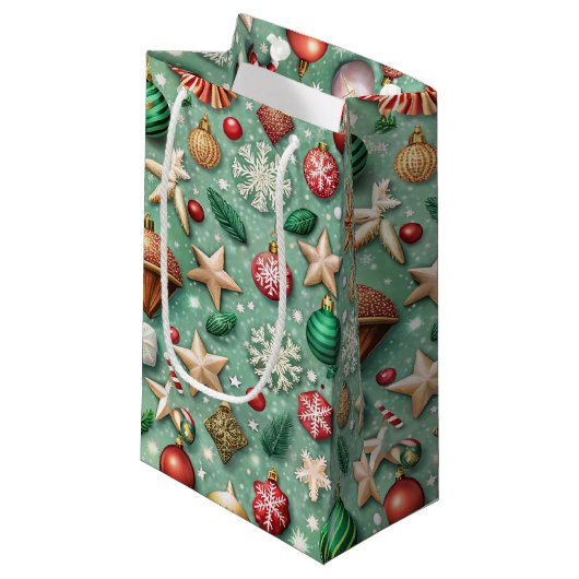 RED & GREEN ORNAMENTS & GOLD HOLIDAY STARS スモールペーパーバッグ (正面アングル)
