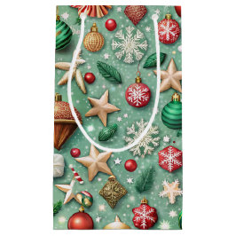 RED & GREEN ORNAMENTS & GOLD HOLIDAY STARS スモールペーパーバッグ