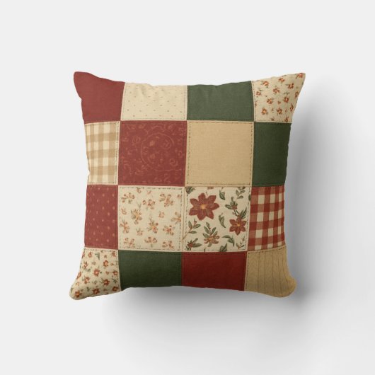 Red Green Patchwork Quilt Rustic Farmhouse クッション (裏面)
