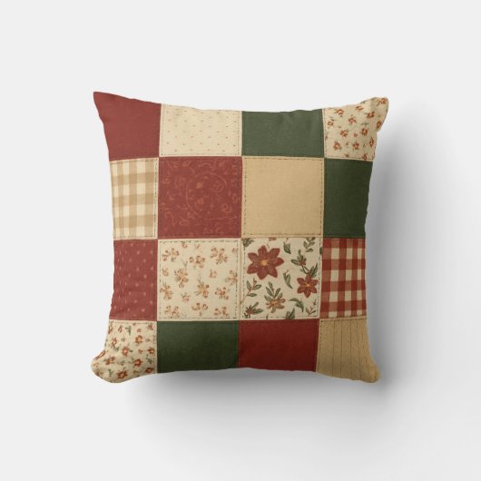 Red Green Patchwork Quilt Rustic Farmhouse クッション (正面)
