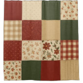 Red Green Patchwork Quilt Rustic Farmhouse Floral シャワーカーテン (正面)