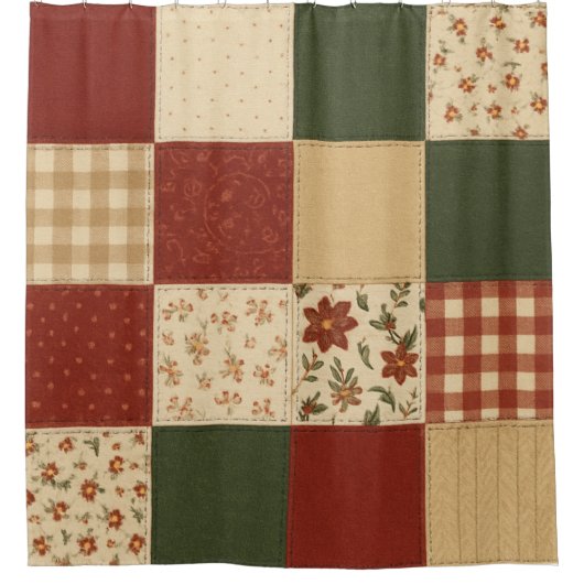 Red Green Patchwork Quilt Rustic Farmhouse Floral シャワーカーテン (正面)