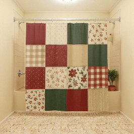 Red Green Patchwork Quilt Rustic Farmhouse Floral シャワーカーテン
