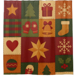 Red Green Patchwork Quilt Rustic Farmhouse Floral シャワーカーテン