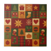 Red Green Patchwork Quilt Rustic Farmhouse Floral タイル (正面)