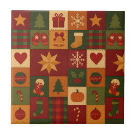 Red Green Patchwork Quilt Rustic Farmhouse Floral タイル