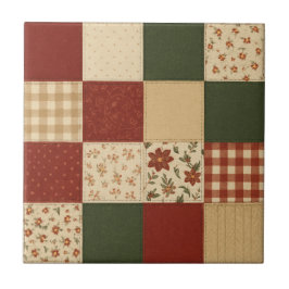 Red Green Patchwork Quilt Rustic Farmhouse Floral タイル