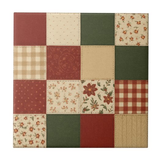 Red Green Patchwork Quilt Rustic Farmhouse Floral タイル (正面)